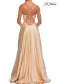 Picture of: A-Line Satin Gown with Draped Bodice, Slit, and Lace-Up Back in Pale Yellow, Style: 33373, Detail Picture 15
