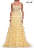 Picture of: Tiered Ruffle Gown with Beaded Bodice and High Slit in Pale Yellow, Style: 33493, Detail Picture 15
