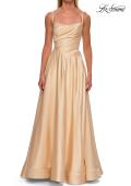 Picture of: A-Line Satin Gown with Draped Bodice, Slit, and Lace-Up Back in Pale Yellow, Style: 33373, Detail Picture 16