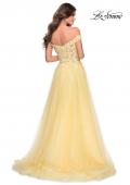 Picture of: Off the Shoulder Tulle Gown with Sheer Floral Bodice in Pale Yellow, Style: 28598, Back Picture