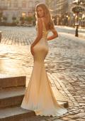 Picture of: Satin Fitted Gown with Gathered Bodice and Spaghetti Straps in Pale Yellow, Style: 33421, Back Picture
