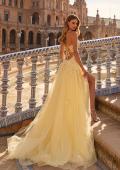Picture of: Floral Beaded Tulle Gown with Slit and Lace-Up Back in Pale Yellow, Style: 33716, Back Picture