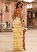 Picture of: Rhinestone Corset Ruffle Tier Gown with High Slit and Open Back in Pale Yellow, Style: 33751, Back Picture