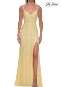 Picture of: Rhinestone Lace Gown with Sheer Bodice and Side Slit in Pale Yellow, Style: 33442, Detail Picture 19