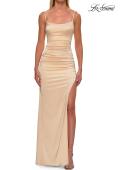 Picture of: Satin Fitted Gown with High Slit and Adjustable Spaghetti Straps in Pale Yellow, Style: 33413, Detail Picture 22