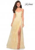 Picture of: Lace Prom Dress with Floral Detail and Side Leg Slit in Pale Yellow, Style: 27704, Detail Picture 1