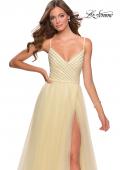 Picture of: Tulle A-line Dress with Patterned Rhinestone Bodice in Pale Yellow, Style: 28511, Detail Picture 1