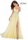 Picture of: Chiffon Prom Dress with Sheer Floral Lace Bodice in Pale Yellow, Style: 28664, Detail Picture 1