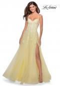 Picture of: Floral Lace Tulle A-line Gown with Side Leg Slit in Pale Yellow, Style: 28952, Detail Picture 1
