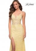 Picture of: Stretch Lace Long Dress with Deep V Neckline in Pale Yellow, Style 29842, Detail Picture 1