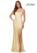 Picture of: Open Strappy Back Jersey Gown with Rhinestones in Pale Yellow, Style 29899, Detail Picture 1