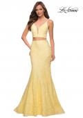 Picture of: Mermaid Two Piece Gown with Deep V and Rhinestones in Pale Yellow, Style 29970, Detail Picture 1