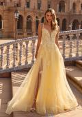 Picture of: Floral Beaded Tulle Gown with Slit and Lace-Up Back in Pale Yellow, Style: 33716, Detail Picture 1