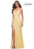 Picture of: Chic Long Stretch Lace Gown with Sheer Rhinestone Back in Pale Yellow, Style 29679, Detail Picture 2