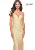 Picture of: Rhinestone Ruched Jersey Prom Dress with Lace Up Back in Pale Yellow, Style: 31201, Detail Picture 2