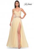 Picture of: A-Line Prom Gown with Ruched Bodice and Rhinestone Belt Detail in Pale Yellow, Style: 32117, Detail Picture 2
