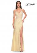Picture of: Lace Fitted Dress with Deep V Neckline and Lace Applique in Pale Yellow, Style: 32205, Detail Picture 2