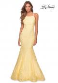 Picture of: Lace Prom Dress with Rhinestones and Strappy Back in Pale Yellow, Style 28140, Detail Picture 3