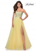 Picture of: Long Tulle Ball Gown with Beaded Bodice and Slit in Pale Yellow, Style: 28530, Detail Picture 3