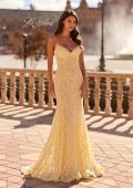 Picture of: Lace Fitted Gown with Sheer Back and Spaghetti Straps in Pale Yellow, Style: 33452, Detail Picture 3