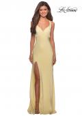 Picture of: Classic Form Fitting Jersey Floor Length Prom Dress in Pale Yellow, Style: 27581, Detail Picture 4