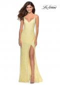 Picture of: Lace Prom Gown with Rhinestones and Tie Up Back in Pale Yellow, Style: 28548, Detail Picture 4