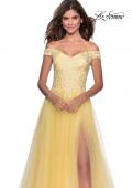 Picture of: Off the Shoulder Tulle Gown with Sheer Floral Bodice in Pale Yellow, Style: 28598, Detail Picture 4