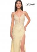 Picture of: Lace Fitted Dress with Deep V Neckline and Lace Applique in Pale Yellow, Style: 32205, Detail Picture 4