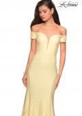 Picture of: Stretch Lace Off the Shoulder Mermaid Prom Dress in Pale Yellow, Style: 27613, Detail Picture 5