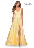Picture of: Long Satin Dress with Side Slit and V Shaped Back in Pale Yellow, Style: 28607, Detail Picture 5