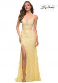 Picture of: Stretch Lace Long Dress with Deep V Neckline in Pale Yellow, Style 29842, Detail Picture 5