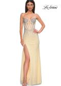 Picture of: Rhinestone Embellished Fitted Prom Dress with Corset and Deep V in Pale Yellow, Style 32717, Detail Picture 5
