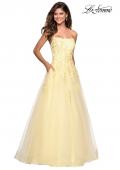 Picture of: Lace Accented Strapless Ball Gown with Pockets in Pale Yellow, Style: 27330