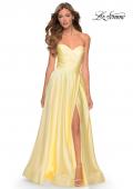 Picture of: Strapless Satin Gown with Pleated Bodice and Slit in Pale Yellow, Style: 28608, Detail Picture 6
