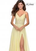 Picture of: Chiffon Prom Dress with Sheer Floral Lace Bodice in Pale Yellow, Style: 28664, Detail Picture 6