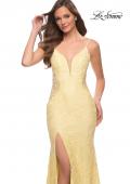 Picture of: Chic Long Stretch Lace Gown with Sheer Rhinestone Back in Pale Yellow, Style 29679, Detail Picture 6