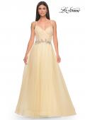 Picture of: A-Line Prom Gown with Ruched Bodice and Rhinestone Belt Detail in Pale Yellow, Style: 32117, Detail Picture 6