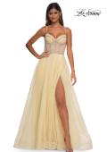 Picture of: Tulle A-line Prom Dress with Rhinestone Detail on Corset Top in Pale Yellow, Style: 32675, Detail Picture 6
