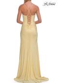 Picture of: Ruched Rhinestone Wrap Gown with Lace-Up Back and High Slit in Pale Yellow, Style: 33340, Detail Picture 6