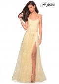 Picture of: Lace Prom Dress with Floral Detail and Side Leg Slit in Pale Yellow, Style: 27704, Detail Picture 7