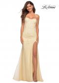 Picture of: Long Jeweled Pastel Prom Gown with Lace Up Back in Pale Yellow, Detail Picture 7