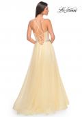 Picture of: A-Line Prom Gown with Ruched Bodice and Rhinestone Belt Detail in Pale Yellow, Style: 32117, Detail Picture 7