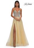 Picture of: Prom Gown with Rhinestone Tulle and Illusion Corset Bodice in Pale Yellow, Style: 32725, Detail Picture 7