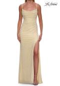 Picture of: Cowl Neck Rhinestone Gown with Side Ruching and High Slit in Pale Yellow, Style: 33272, Detail Picture 7