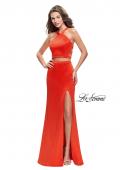 Picture of: Halter Two Piece Satin Prom Dress with Caged Back in Papaya, Style: 26171, Main Picture