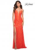 Picture of: Papaya Stretch Lace Prom Dress with Deep V Neckline in Papaya, Main Picture