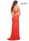 Picture of: Papaya Stretch Lace Prom Dress with Deep V Neckline in Papaya, Back Picture