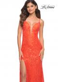 Picture of: Papaya Stretch Lace Prom Dress with Deep V Neckline in Papaya, Detail Picture 1