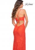 Picture of: Papaya Stretch Lace Prom Dress with Deep V Neckline in Papaya, Detail Picture 2