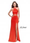 Picture of: Halter Two Piece Satin Prom Dress with Caged Back in Papaya, Style: 26171, Detail Picture 2
